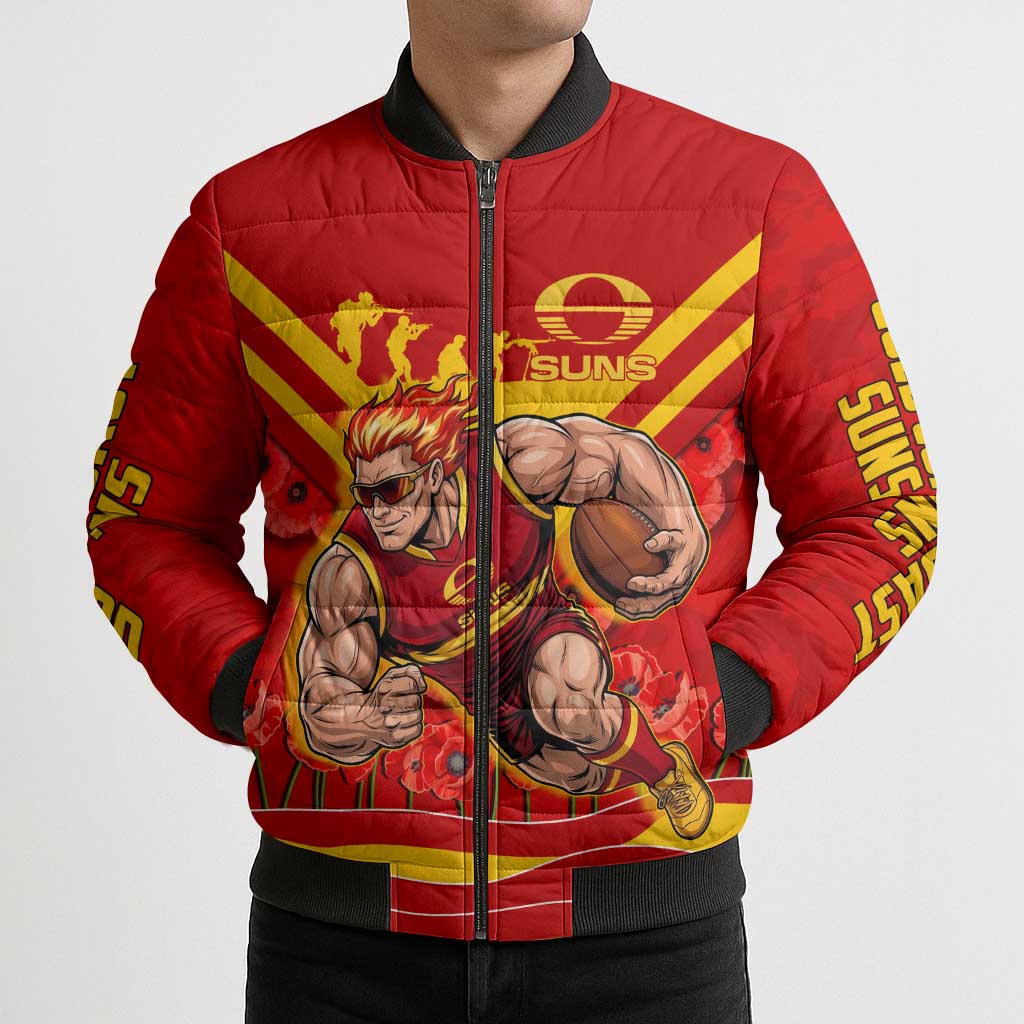 Personalised Gold Coast Suns ANZAC Bomber Puffer Jacket Military Remembrance Australian Football Mascot Camouflage