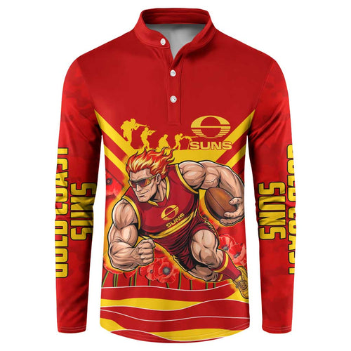 Personalised Gold Coast Suns ANZAC Button Sweatshirt Military Remembrance Australian Football Mascot Camouflage
