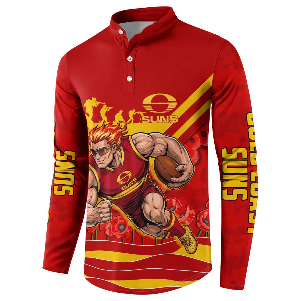 Personalised Gold Coast Suns ANZAC Button Sweatshirt Military Remembrance Australian Football Mascot Camouflage