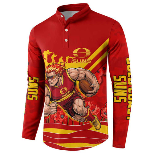 Personalised Gold Coast Suns ANZAC Button Sweatshirt Military Remembrance Australian Football Mascot Camouflage