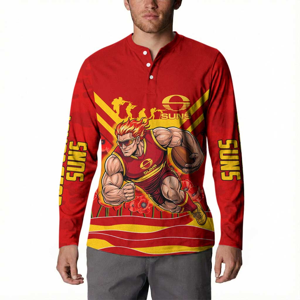 Personalised Gold Coast Suns ANZAC Button Sweatshirt Military Remembrance Australian Football Mascot Camouflage