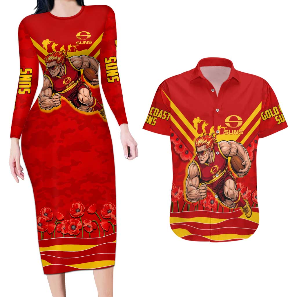Personalised Gold Coast Suns ANZAC Couples Matching Long Sleeve Bodycon Dress and Hawaiian Shirt Military Remembrance Australian Football Mascot Camouflage