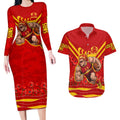 Personalised Gold Coast Suns ANZAC Couples Matching Long Sleeve Bodycon Dress and Hawaiian Shirt Military Remembrance Australian Football Mascot Camouflage