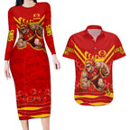 Personalised Gold Coast Suns ANZAC Couples Matching Long Sleeve Bodycon Dress and Hawaiian Shirt Military Remembrance Australian Football Mascot Camouflage