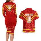 Personalised Gold Coast Suns ANZAC Couples Matching Long Sleeve Bodycon Dress and Hawaiian Shirt Military Remembrance Australian Football Mascot Camouflage