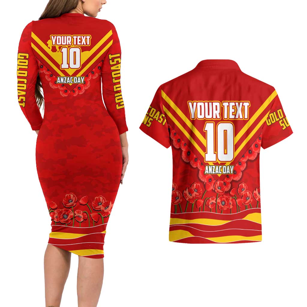 Personalised Gold Coast Suns ANZAC Couples Matching Long Sleeve Bodycon Dress and Hawaiian Shirt Military Remembrance Australian Football Mascot Camouflage