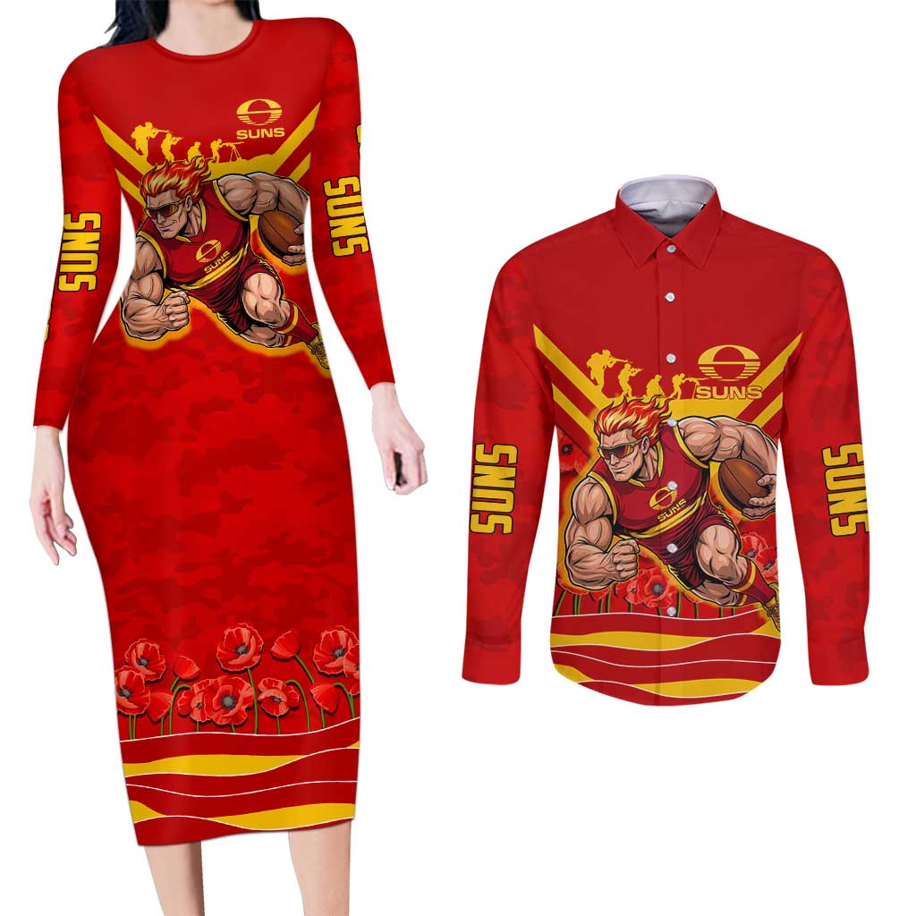 Personalised Gold Coast Suns ANZAC Couples Matching Long Sleeve Bodycon Dress and Long Sleeve Button Shirt Military Remembrance Australian Football Mascot Camouflage