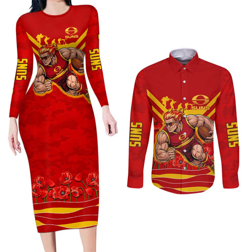 Personalised Gold Coast Suns ANZAC Couples Matching Long Sleeve Bodycon Dress and Long Sleeve Button Shirt Military Remembrance Australian Football Mascot Camouflage