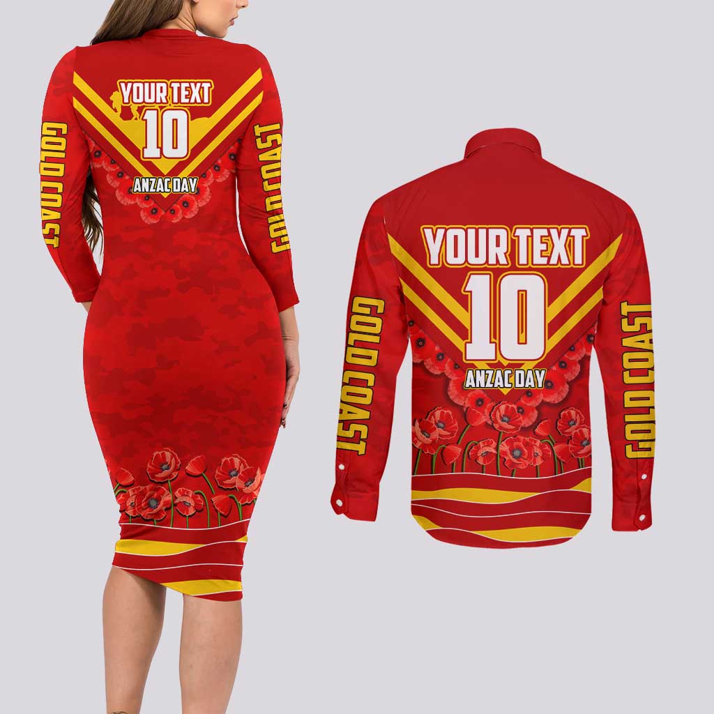 Personalised Gold Coast Suns ANZAC Couples Matching Long Sleeve Bodycon Dress and Long Sleeve Button Shirt Military Remembrance Australian Football Mascot Camouflage