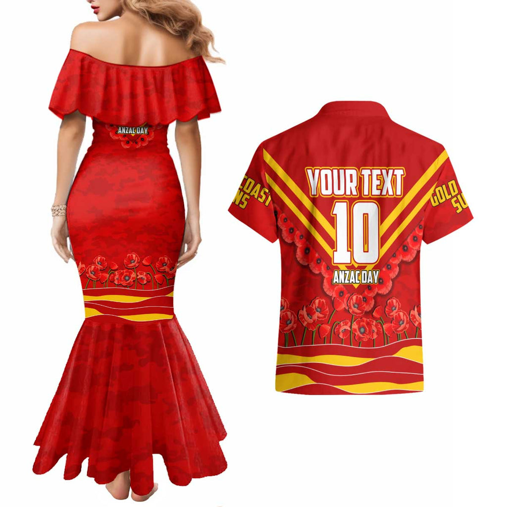 Personalised Gold Coast Suns ANZAC Couples Matching Mermaid Dress and Hawaiian Shirt Military Remembrance Australian Football Mascot Camouflage