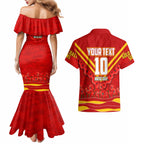 Personalised Gold Coast Suns ANZAC Couples Matching Mermaid Dress and Hawaiian Shirt Military Remembrance Australian Football Mascot Camouflage