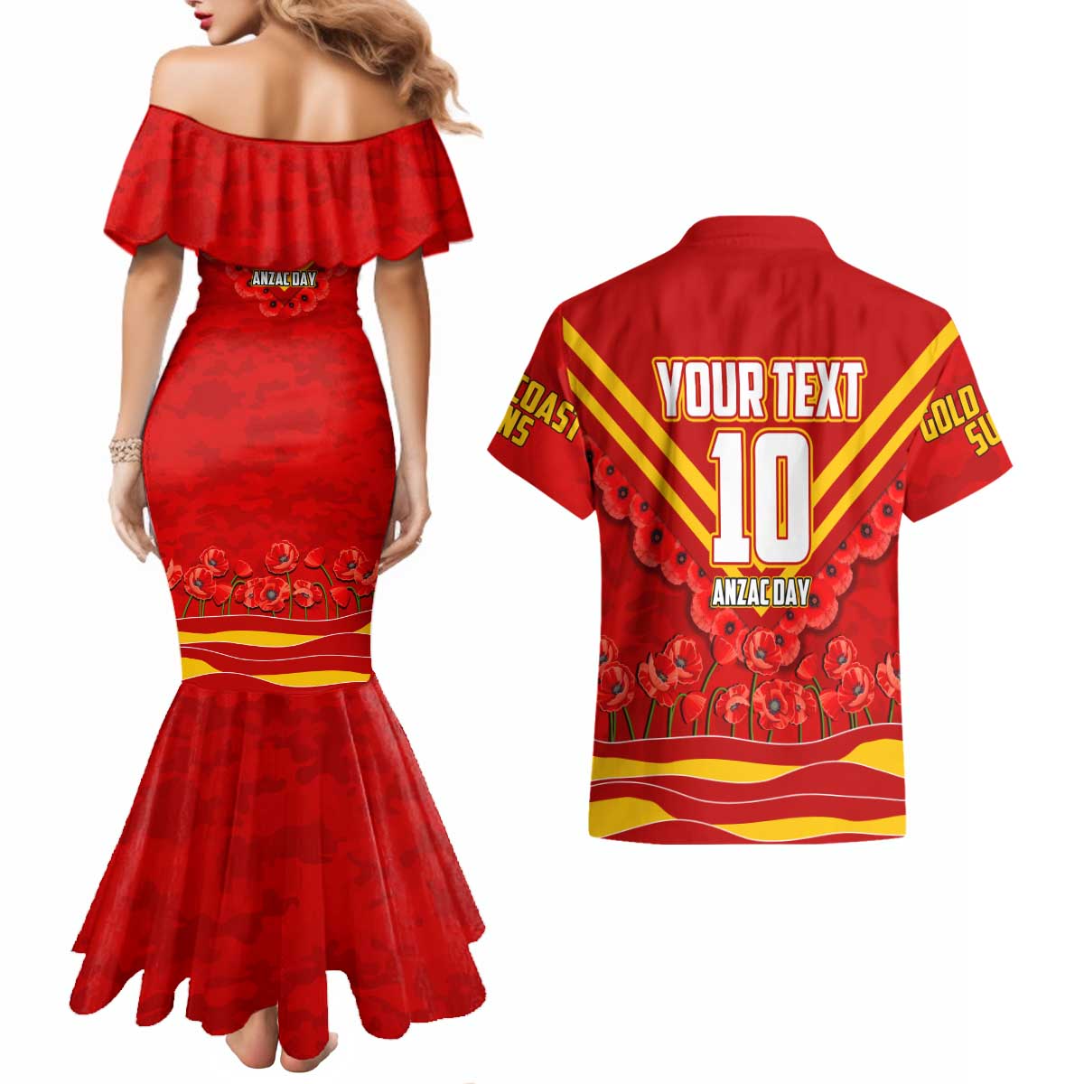 Personalised Gold Coast Suns ANZAC Couples Matching Mermaid Dress and Hawaiian Shirt Military Remembrance Australian Football Mascot Camouflage