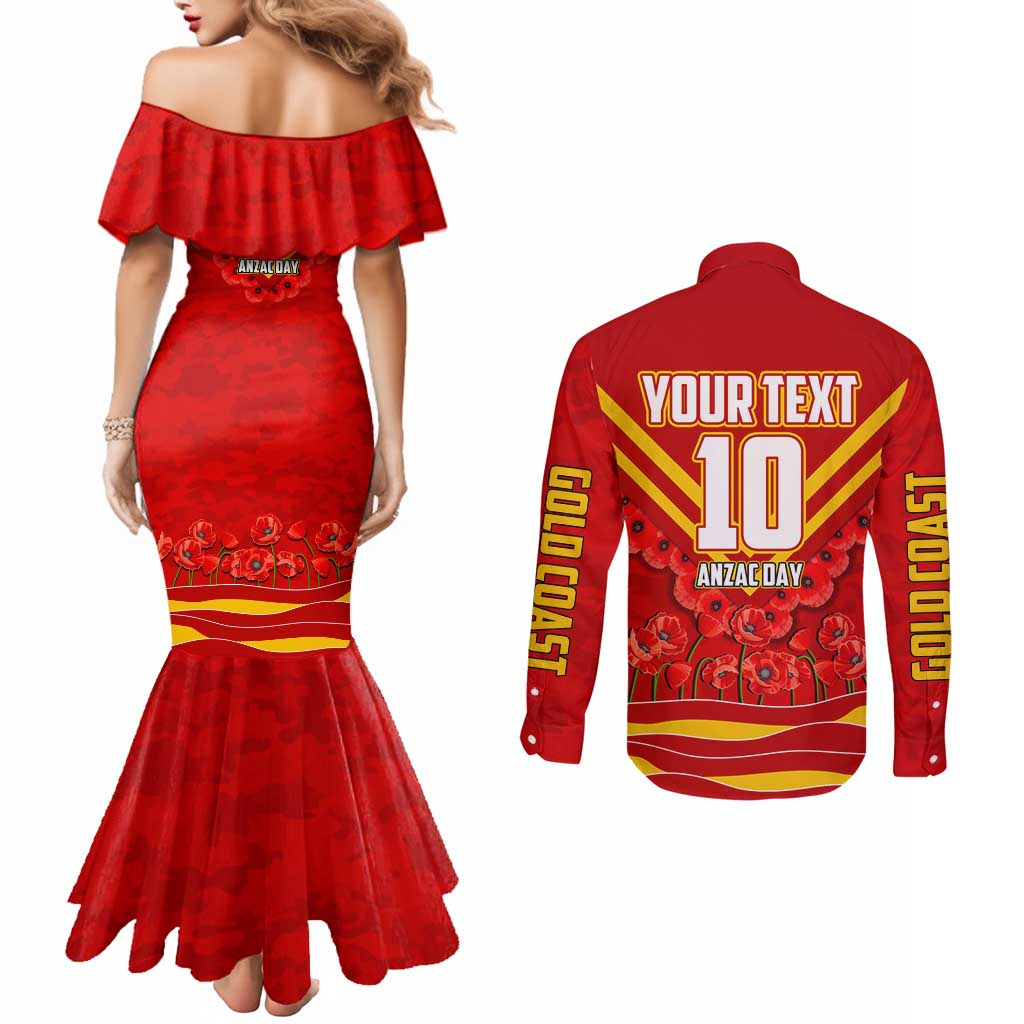 Personalised Gold Coast Suns ANZAC Couples Matching Mermaid Dress and Long Sleeve Button Shirt Military Remembrance Australian Football Mascot Camouflage