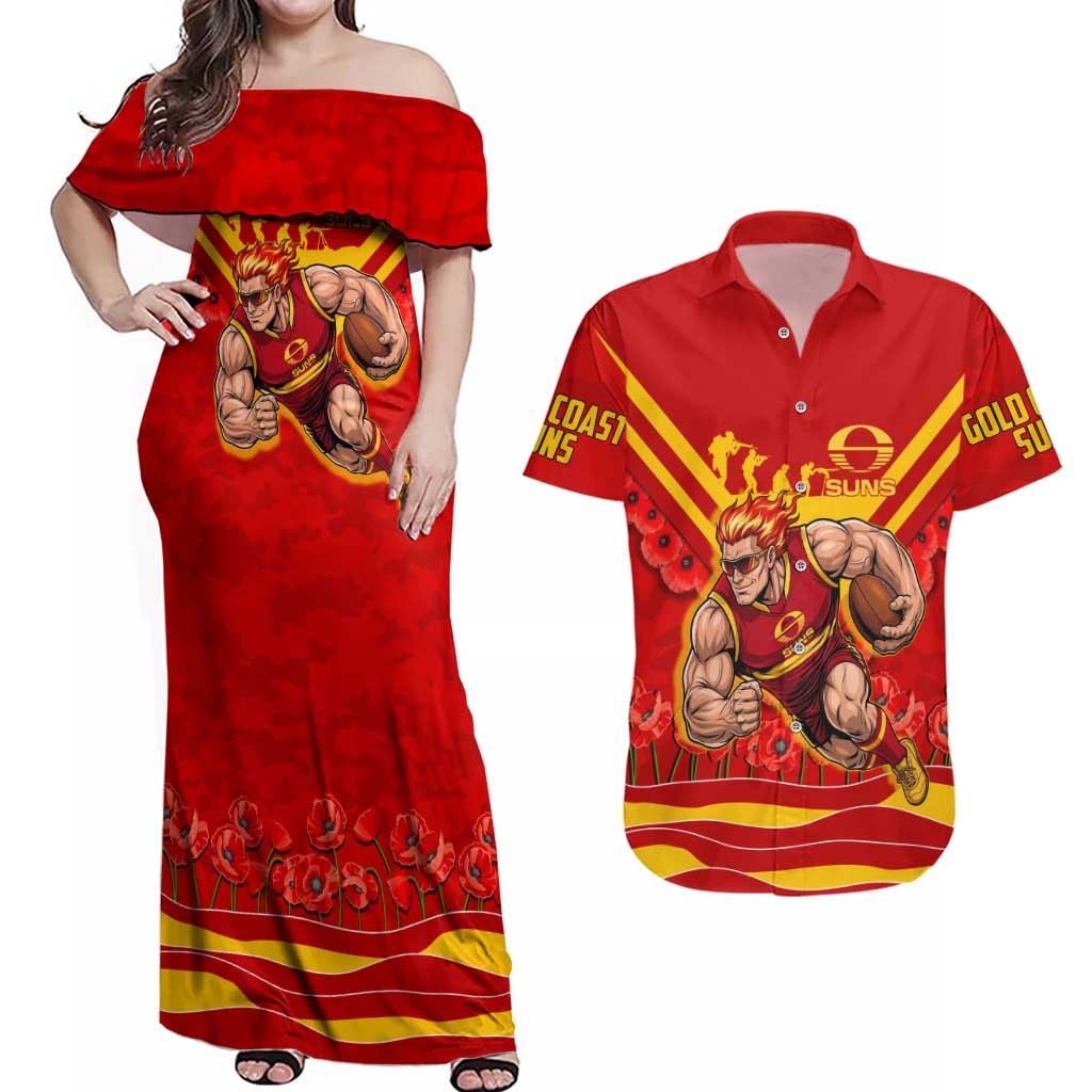 Personalised Gold Coast Suns ANZAC Couples Matching Off Shoulder Maxi Dress and Hawaiian Shirt Military Remembrance Australian Football Mascot Camouflage