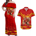 Personalised Gold Coast Suns ANZAC Couples Matching Off Shoulder Maxi Dress and Hawaiian Shirt Military Remembrance Australian Football Mascot Camouflage
