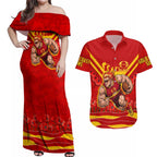 Personalised Gold Coast Suns ANZAC Couples Matching Off Shoulder Maxi Dress and Hawaiian Shirt Military Remembrance Australian Football Mascot Camouflage