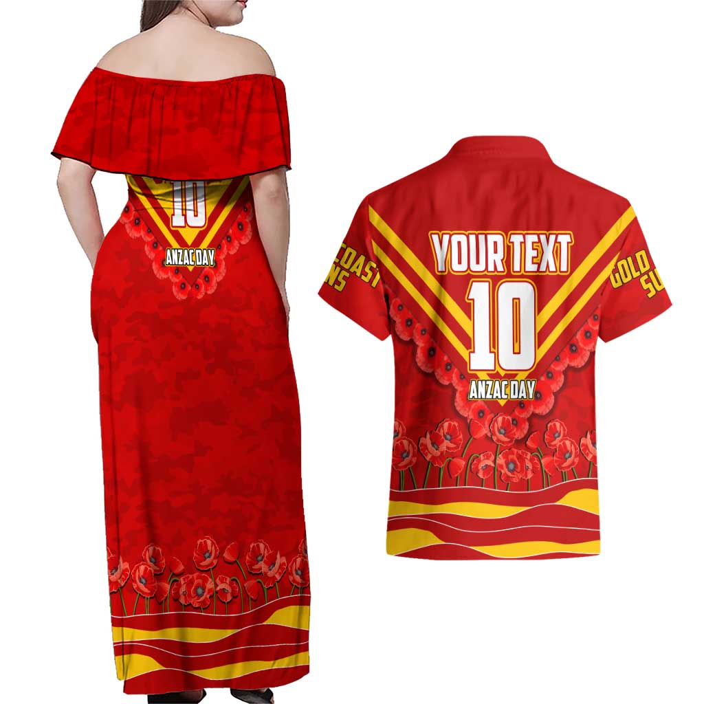 Personalised Gold Coast Suns ANZAC Couples Matching Off Shoulder Maxi Dress and Hawaiian Shirt Military Remembrance Australian Football Mascot Camouflage