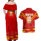 Personalised Gold Coast Suns ANZAC Couples Matching Off Shoulder Maxi Dress and Hawaiian Shirt Military Remembrance Australian Football Mascot Camouflage