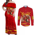 Personalised Gold Coast Suns ANZAC Couples Matching Off Shoulder Maxi Dress and Long Sleeve Button Shirt Military Remembrance Australian Football Mascot Camouflage