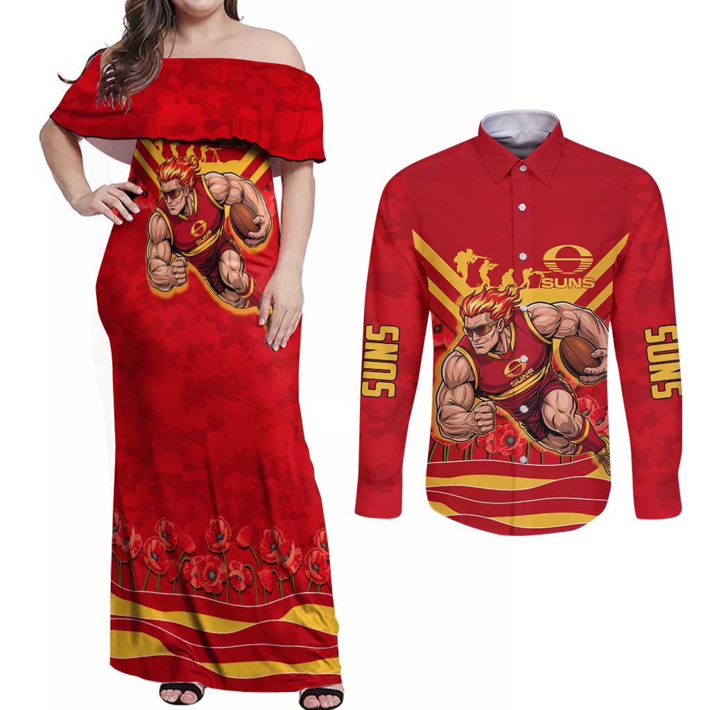Personalised Gold Coast Suns ANZAC Couples Matching Off Shoulder Maxi Dress and Long Sleeve Button Shirt Military Remembrance Australian Football Mascot Camouflage