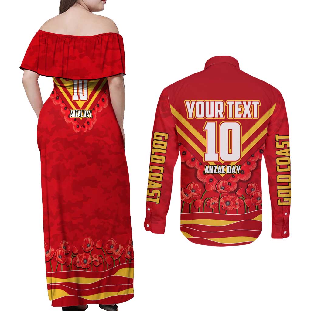 Personalised Gold Coast Suns ANZAC Couples Matching Off Shoulder Maxi Dress and Long Sleeve Button Shirt Military Remembrance Australian Football Mascot Camouflage