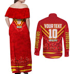 Personalised Gold Coast Suns ANZAC Couples Matching Off Shoulder Maxi Dress and Long Sleeve Button Shirt Military Remembrance Australian Football Mascot Camouflage
