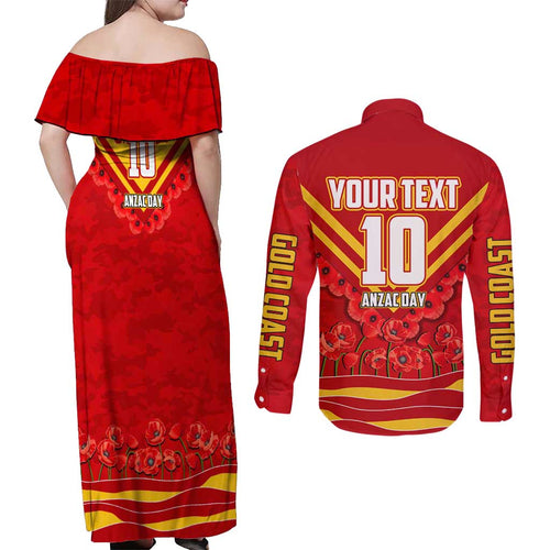 Personalised Gold Coast Suns ANZAC Couples Matching Off Shoulder Maxi Dress and Long Sleeve Button Shirt Military Remembrance Australian Football Mascot Camouflage