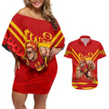 Personalised Gold Coast Suns ANZAC Couples Matching Off Shoulder Short Dress and Hawaiian Shirt Military Remembrance Australian Football Mascot Camouflage