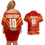 Personalised Gold Coast Suns ANZAC Couples Matching Off Shoulder Short Dress and Hawaiian Shirt Military Remembrance Australian Football Mascot Camouflage