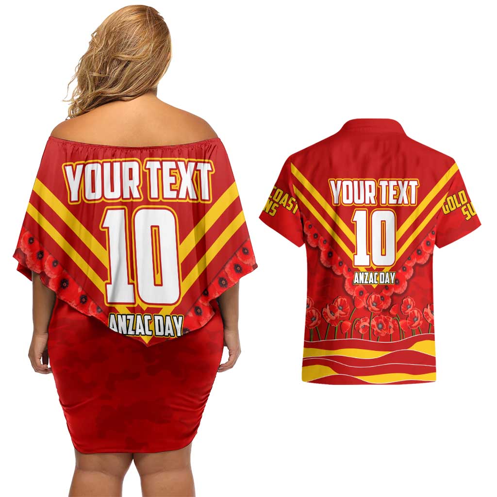 Personalised Gold Coast Suns ANZAC Couples Matching Off Shoulder Short Dress and Hawaiian Shirt Military Remembrance Australian Football Mascot Camouflage