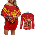 Personalised Gold Coast Suns ANZAC Couples Matching Off Shoulder Short Dress and Long Sleeve Button Shirt Military Remembrance Australian Football Mascot Camouflage