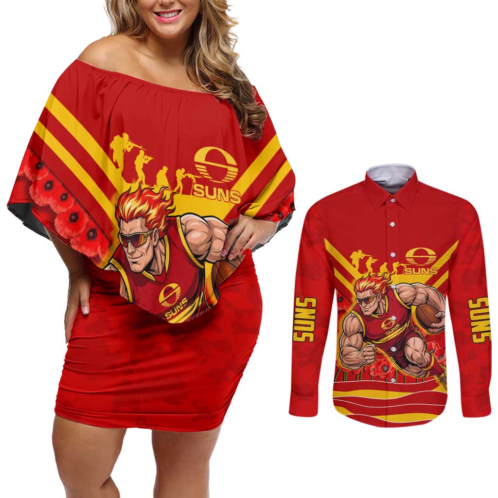 Personalised Gold Coast Suns ANZAC Couples Matching Off Shoulder Short Dress and Long Sleeve Button Shirt Military Remembrance Australian Football Mascot Camouflage