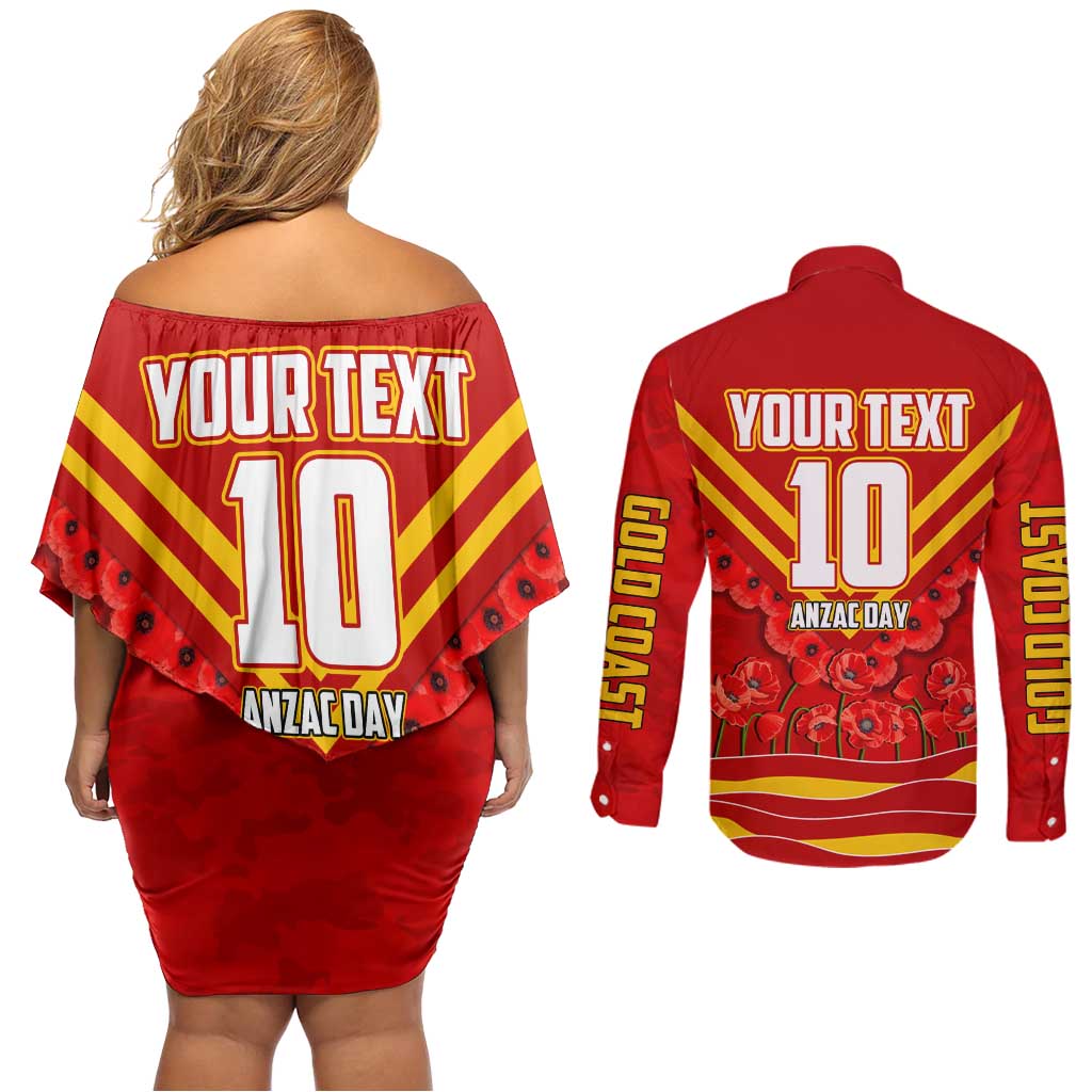 Personalised Gold Coast Suns ANZAC Couples Matching Off Shoulder Short Dress and Long Sleeve Button Shirt Military Remembrance Australian Football Mascot Camouflage