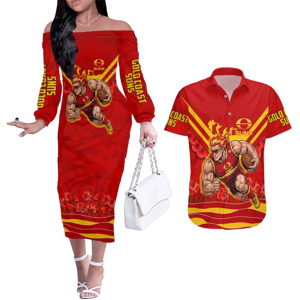 Personalised Gold Coast Suns ANZAC Couples Matching Off The Shoulder Long Sleeve Dress and Hawaiian Shirt Military Remembrance Australian Football Mascot Camouflage