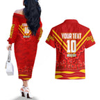 Personalised Gold Coast Suns ANZAC Couples Matching Off The Shoulder Long Sleeve Dress and Hawaiian Shirt Military Remembrance Australian Football Mascot Camouflage