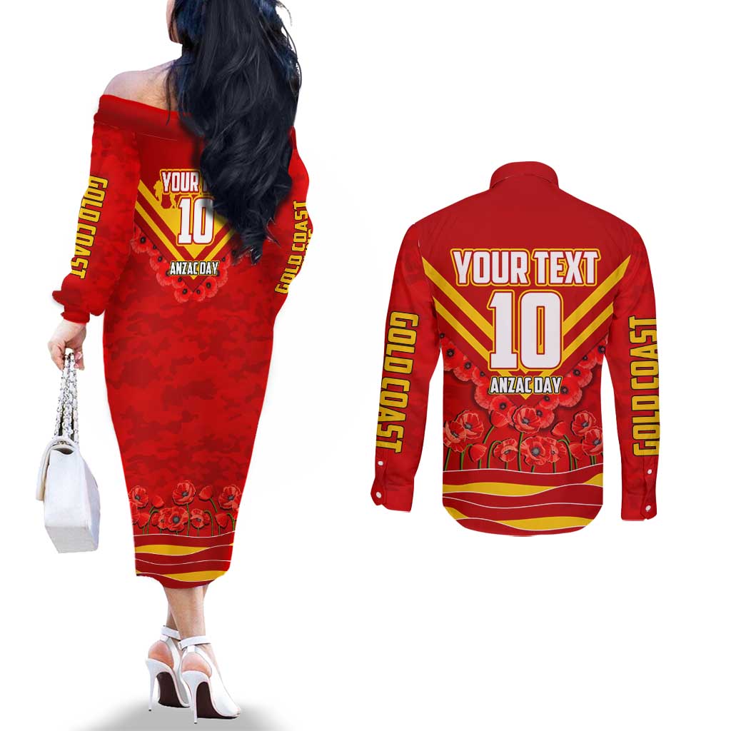 Personalised Gold Coast Suns ANZAC Couples Matching Off The Shoulder Long Sleeve Dress and Long Sleeve Button Shirt Military Remembrance Australian Football Mascot Camouflage