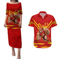 Personalised Gold Coast Suns ANZAC Couples Matching Puletasi and Hawaiian Shirt Military Remembrance Australian Football Mascot Camouflage
