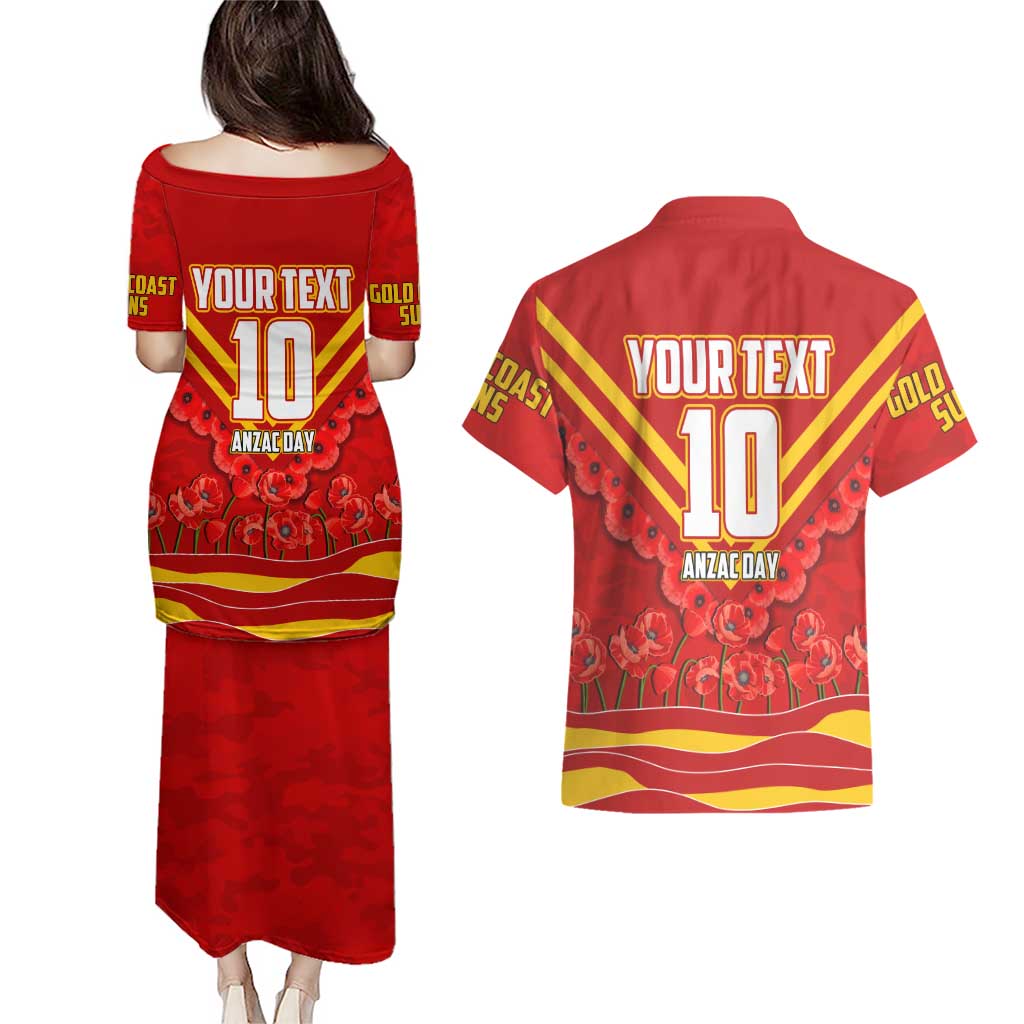 Personalised Gold Coast Suns ANZAC Couples Matching Puletasi and Hawaiian Shirt Military Remembrance Australian Football Mascot Camouflage