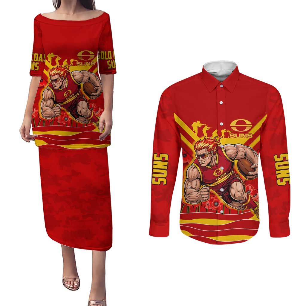 Personalised Gold Coast Suns ANZAC Couples Matching Puletasi and Long Sleeve Button Shirt Military Remembrance Australian Football Mascot Camouflage