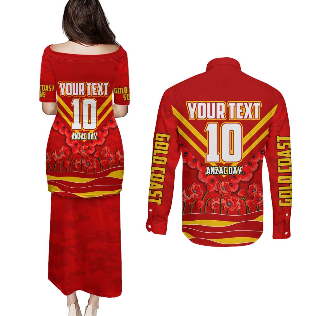 Personalised Gold Coast Suns ANZAC Couples Matching Puletasi and Long Sleeve Button Shirt Military Remembrance Australian Football Mascot Camouflage