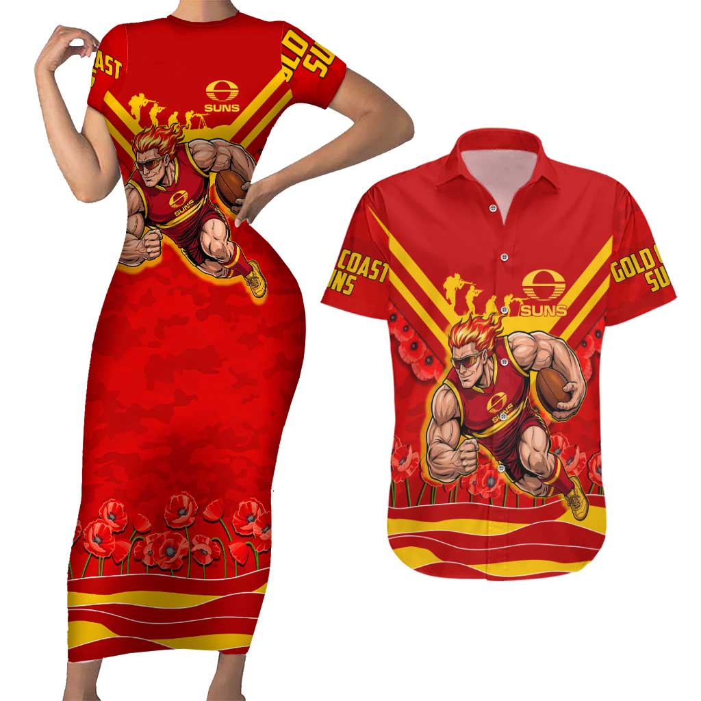 Personalised Gold Coast Suns ANZAC Couples Matching Short Sleeve Bodycon Dress and Hawaiian Shirt Military Remembrance Australian Football Mascot Camouflage