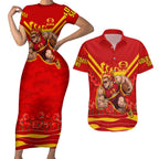 Personalised Gold Coast Suns ANZAC Couples Matching Short Sleeve Bodycon Dress and Hawaiian Shirt Military Remembrance Australian Football Mascot Camouflage