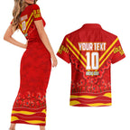Personalised Gold Coast Suns ANZAC Couples Matching Short Sleeve Bodycon Dress and Hawaiian Shirt Military Remembrance Australian Football Mascot Camouflage