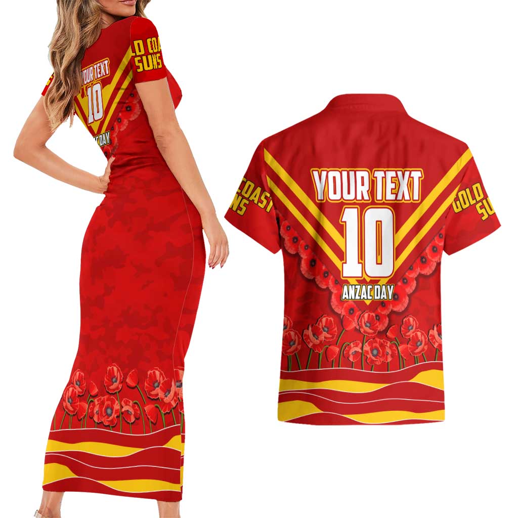 Personalised Gold Coast Suns ANZAC Couples Matching Short Sleeve Bodycon Dress and Hawaiian Shirt Military Remembrance Australian Football Mascot Camouflage