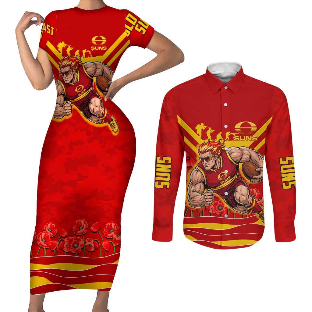 Personalised Gold Coast Suns ANZAC Couples Matching Short Sleeve Bodycon Dress and Long Sleeve Button Shirt Military Remembrance Australian Football Mascot Camouflage