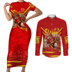 Personalised Gold Coast Suns ANZAC Couples Matching Short Sleeve Bodycon Dress and Long Sleeve Button Shirt Military Remembrance Australian Football Mascot Camouflage