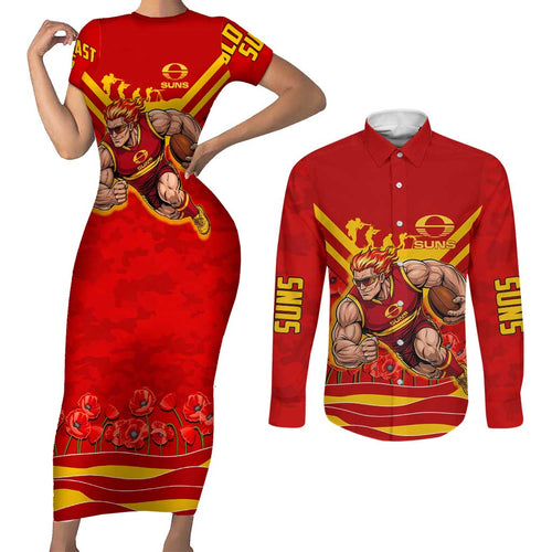 Personalised Gold Coast Suns ANZAC Couples Matching Short Sleeve Bodycon Dress and Long Sleeve Button Shirt Military Remembrance Australian Football Mascot Camouflage