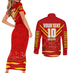 Personalised Gold Coast Suns ANZAC Couples Matching Short Sleeve Bodycon Dress and Long Sleeve Button Shirt Military Remembrance Australian Football Mascot Camouflage