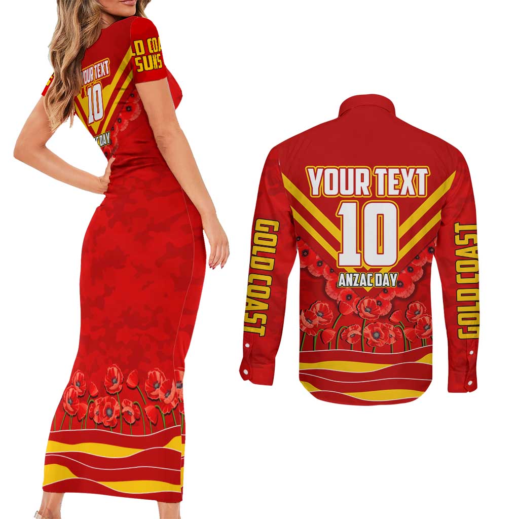 Personalised Gold Coast Suns ANZAC Couples Matching Short Sleeve Bodycon Dress and Long Sleeve Button Shirt Military Remembrance Australian Football Mascot Camouflage