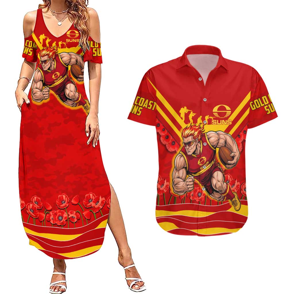 Personalised Gold Coast Suns ANZAC Couples Matching Summer Maxi Dress and Hawaiian Shirt Military Remembrance Australian Football Mascot Camouflage